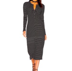 Privacy Please Black White Striped Long Sleeve Dress Small Ribbed Stretchy Midi